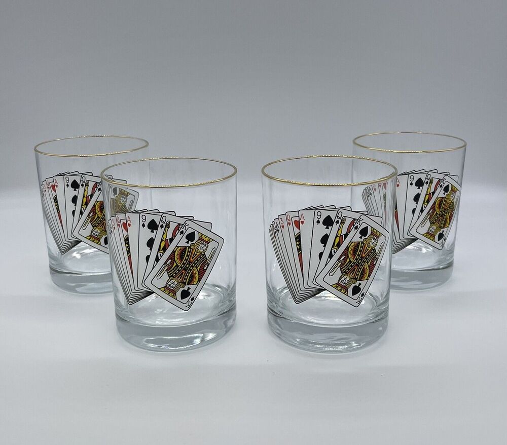 4 Vintage Low Ball Heavy Glass Bourbon Whiskey Playing Cards